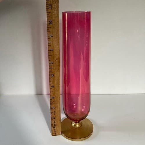 Vintage Rainbow Glass Co Cylinder Vase Cranberry Red Iridescent MCM 10.5 inches - Thumbnail 2