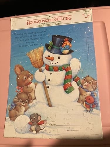 Vintage Hallmark Christmas Snowman Greeting Card Puzzle SEALED NOS Blue Bird - Thumbnail 2