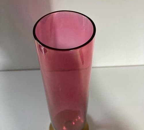 Vintage Rainbow Glass Co Cylinder Vase Cranberry Red Iridescent MCM 10.5 inches - Thumbnail 10