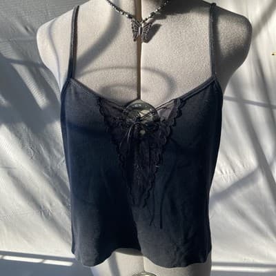 Vintage Fredericks of Hollywood Black Lace Cami Camisole Tank Top Whimsygoth L