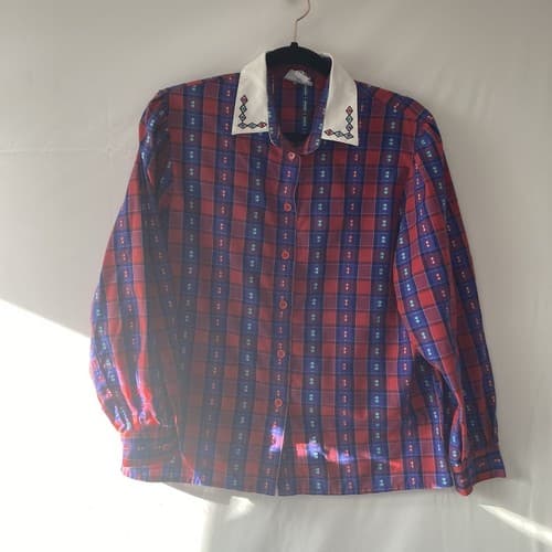 Vintage 70’s Koret City Blues Embroidered Plaid Button Up Shirt Women’s Size 10