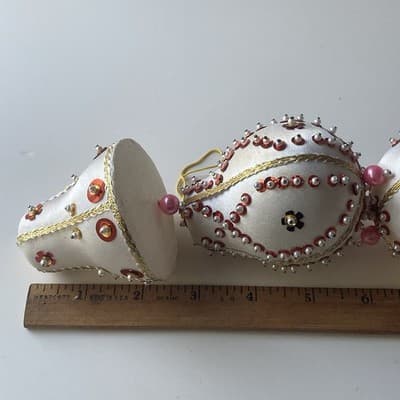 Vintage Christmas Ornaments Push Pin Sequins Calico Home Made Retro Bell 4 Pcs - Thumbnail 2
