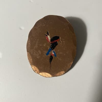Vintage Handmade Copper Native American Headdress Lady Eteched Enamel Brooch Pin