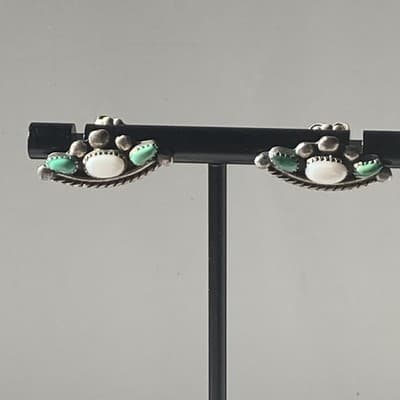 VTG Zuni Native American Sterling Silver Post EarringsTurquoise MOP Petit Point - Thumbnail 10