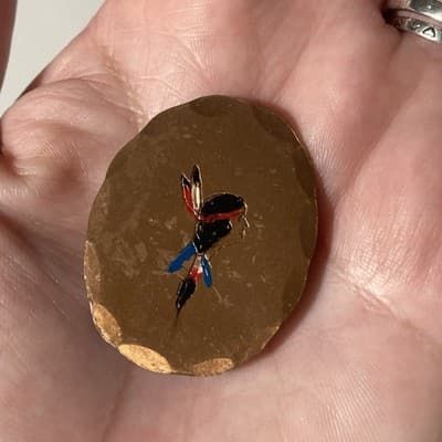 Vintage Handmade Copper Native American Headdress Lady Eteched Enamel Brooch Pin - Thumbnail 2