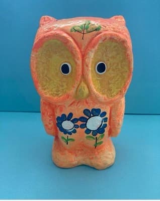Vintage 60s 70s OWL Chalkware Piggy Bank Plaster Kitschy Psychedelic Retro MCM