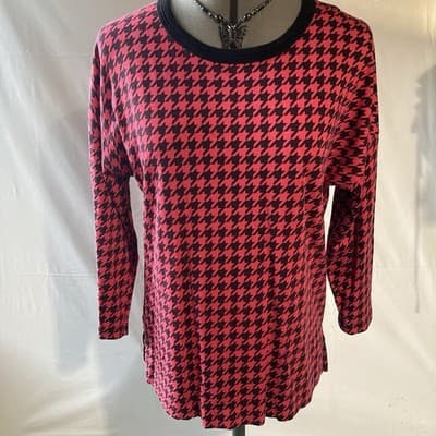 Vintage Womens Houndstooth Shirt Top COTTON Preppy Office Core Red Black Medium