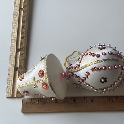 Vintage Christmas Ornaments Push Pin Sequins Calico Home Made Retro Bell 4 Pcs - Thumbnail 3