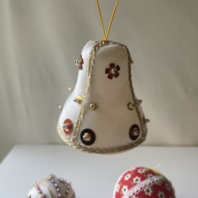 Vintage Christmas Ornaments Push Pin Sequins Calico Home Made Retro Bell 4 Pcs - Thumbnail 12