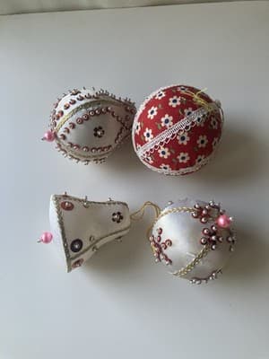 Vintage Christmas Ornaments Push Pin Sequins Calico Home Made Retro Bell 4 Pcs - Thumbnail 18