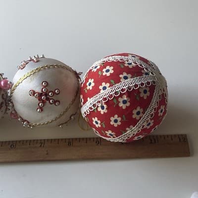 Vintage Christmas Ornaments Push Pin Sequins Calico Home Made Retro Bell 4 Pcs - Thumbnail 4