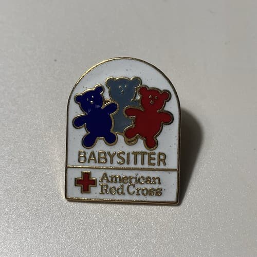 Vintage American Red Cross Babysitter Bears Enameled Pin 80s 90s Retro Deadstock