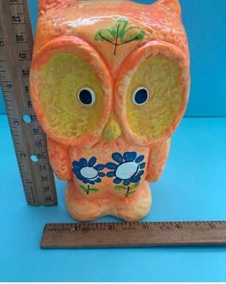 Vintage 60s 70s OWL Chalkware Piggy Bank Plaster Kitschy Psychedelic Retro MCM - Thumbnail 2