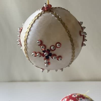 Vintage Christmas Ornaments Push Pin Sequins Calico Home Made Retro Bell 4 Pcs - Thumbnail 10