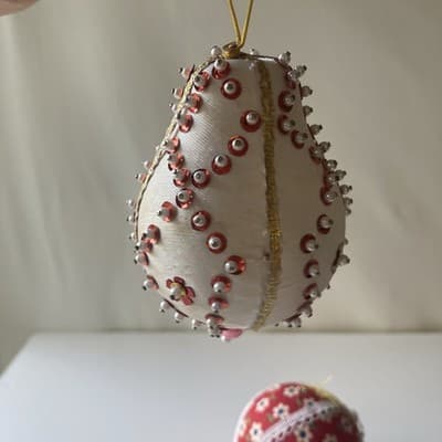 Vintage Christmas Ornaments Push Pin Sequins Calico Home Made Retro Bell 4 Pcs - Thumbnail 17
