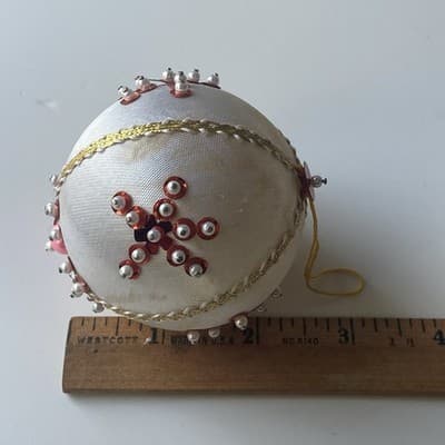 Vintage Christmas Ornaments Push Pin Sequins Calico Home Made Retro Bell 4 Pcs - Thumbnail 6