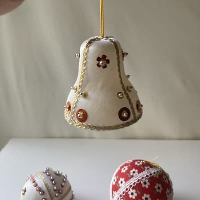 Vintage Christmas Ornaments Push Pin Sequins Calico Home Made Retro Bell 4 Pcs - Thumbnail 14