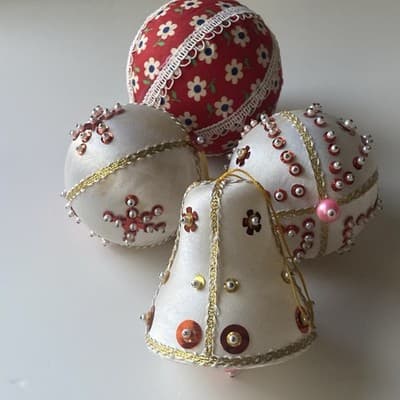 Vintage Christmas Ornaments Push Pin Sequins Calico Home Made Retro Bell 4 Pcs