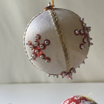 Vintage Christmas Ornaments Push Pin Sequins Calico Home Made Retro Bell 4 Pcs - Thumbnail 19