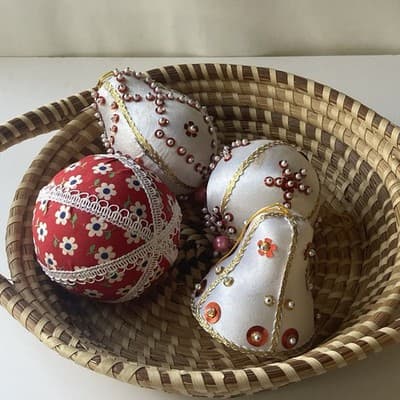 Vintage Christmas Ornaments Push Pin Sequins Calico Home Made Retro Bell 4 Pcs - Thumbnail 9
