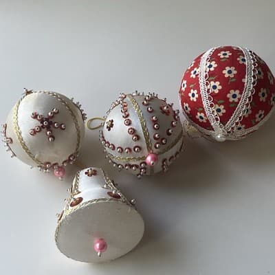 Vintage Christmas Ornaments Push Pin Sequins Calico Home Made Retro Bell 4 Pcs - Thumbnail 23