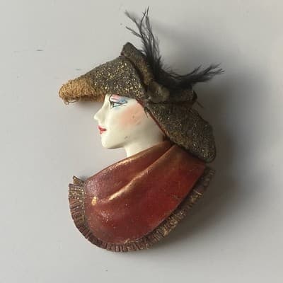 Vintage Lady Head Brooch Leather Suede Feather Head Piece Hat Artisan Retro 3in