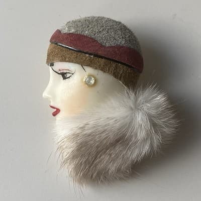 Vintage Lady Head Brooch Suede Leather Head Piece Mink Stole Retro 2in Artisan
