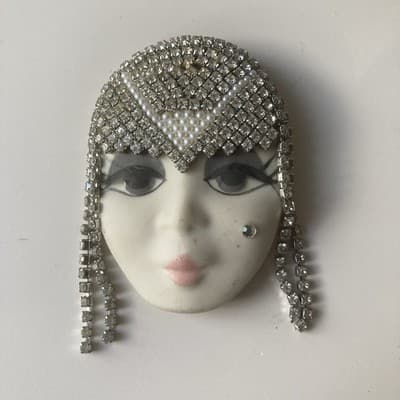 Vintage Porcelain Rhinestone Flapper Lady Head Brooch Art Deco Style Head Dress