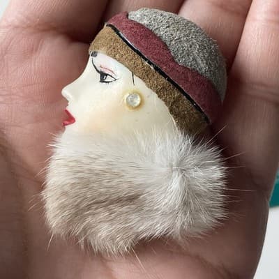 Vintage Lady Head Brooch Suede Leather Head Piece Mink Stole Retro 2in Artisan - Thumbnail 4