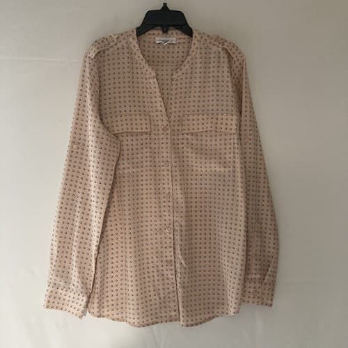 Calvin Klein Women's Medium Blouse Button Up Long Roll Tab Sleeve Peach Dots Top