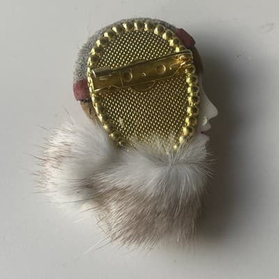 Vintage Lady Head Brooch Suede Leather Head Piece Mink Stole Retro 2in Artisan - Thumbnail 2