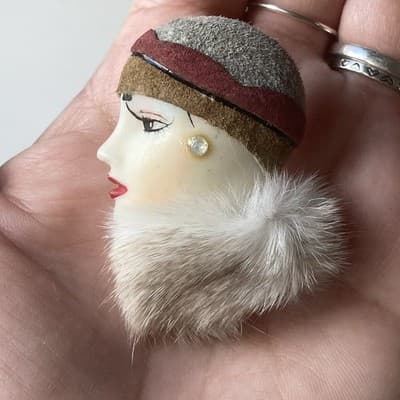 Vintage Lady Head Brooch Suede Leather Head Piece Mink Stole Retro 2in Artisan - Thumbnail 5