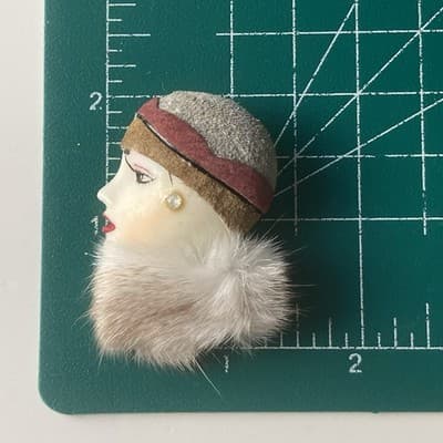 Vintage Lady Head Brooch Suede Leather Head Piece Mink Stole Retro 2in Artisan - Thumbnail 3