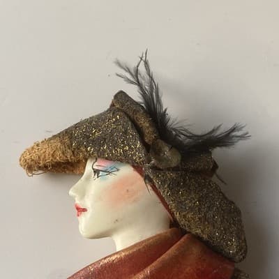 Vintage Lady Head Brooch Leather Suede Feather Head Piece Hat Artisan Retro 3in - Thumbnail 3