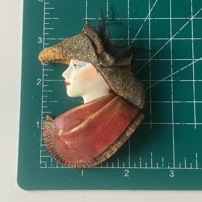 Vintage Lady Head Brooch Leather Suede Feather Head Piece Hat Artisan Retro 3in - Thumbnail 2