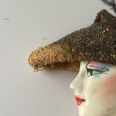 Vintage Lady Head Brooch Leather Suede Feather Head Piece Hat Artisan Retro 3in - Thumbnail 6