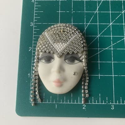 Vintage Porcelain Rhinestone Flapper Lady Head Brooch Art Deco Style Head Dress - Thumbnail 2