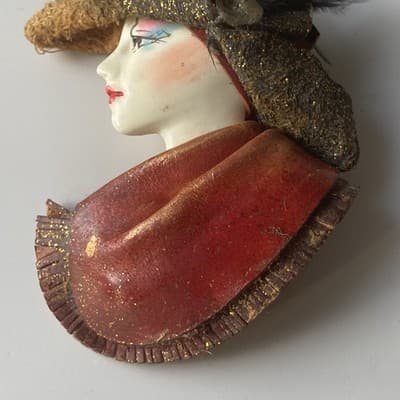 Vintage Lady Head Brooch Leather Suede Feather Head Piece Hat Artisan Retro 3in - Thumbnail 4