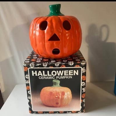 Vintage 90s Ceramic Halloween Pumpkin Jack O Lantern Spooky Season Votive Lights - Thumbnail 2