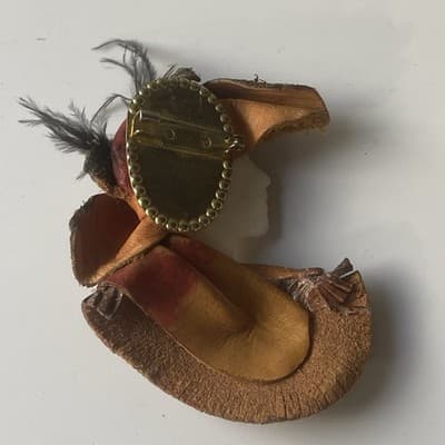 Vintage Lady Head Brooch Leather Suede Feather Head Piece Hat Artisan Retro 3in - Thumbnail 5