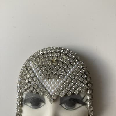 Vintage Porcelain Rhinestone Flapper Lady Head Brooch Art Deco Style Head Dress - Thumbnail 6
