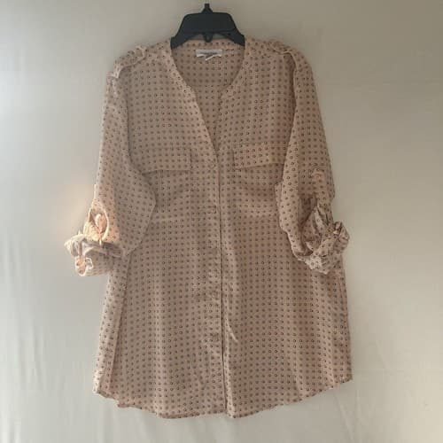 Calvin Klein Women's Medium Blouse Button Up Long Roll Tab Sleeve Peach Dots Top - Thumbnail 13