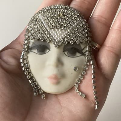 Vintage Porcelain Rhinestone Flapper Lady Head Brooch Art Deco Style Head Dress - Thumbnail 4