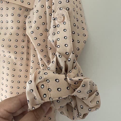 Calvin Klein Women's Medium Blouse Button Up Long Roll Tab Sleeve Peach Dots Top - Thumbnail 9