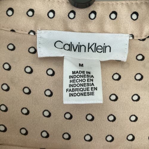 Calvin Klein Women's Medium Blouse Button Up Long Roll Tab Sleeve Peach Dots Top - Thumbnail 3