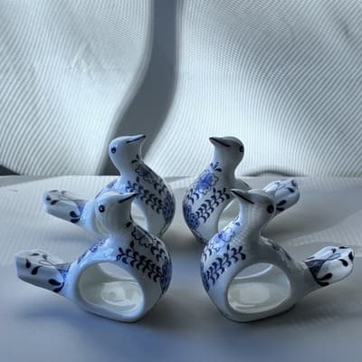Vintage Bone China Blue And White Bird Napkin Ring Holders Set Of 4 Table Scape
