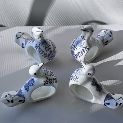 Vintage Bone China Blue And White Bird Napkin Ring Holders Set Of 4 Table Scape - Thumbnail 2