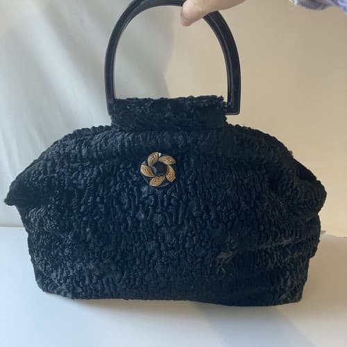 Vintage Atenti Doctor Hand Bag Purse Black Faux Fur Vintage Retro Style GLAM