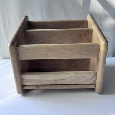 Vintage Solid Wood Desk Caddy Organizer Mail Holder Minimalist Natural Finish