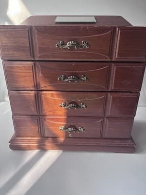 Vintage Wood Jewelry Box with 3 Drawers Flip Up Top With Mirror Approx 10X5X10.5 - Thumbnail 11